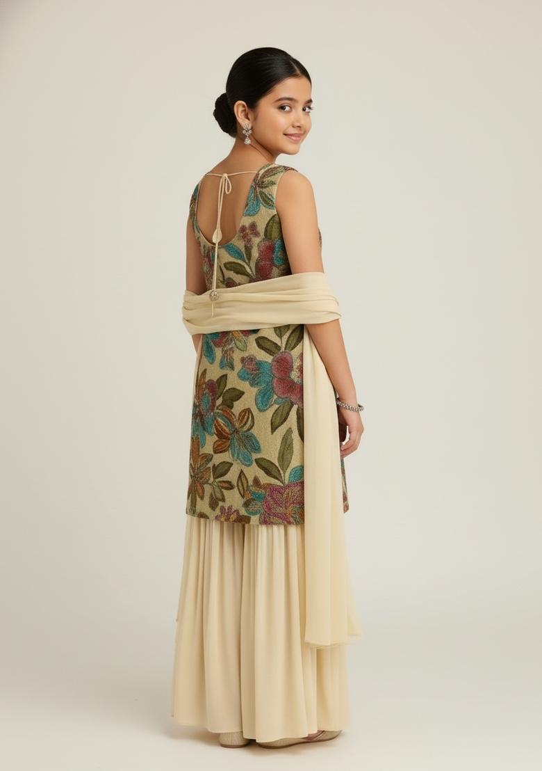 Girls Cream Embroidered Organza Sharara Set - Indya