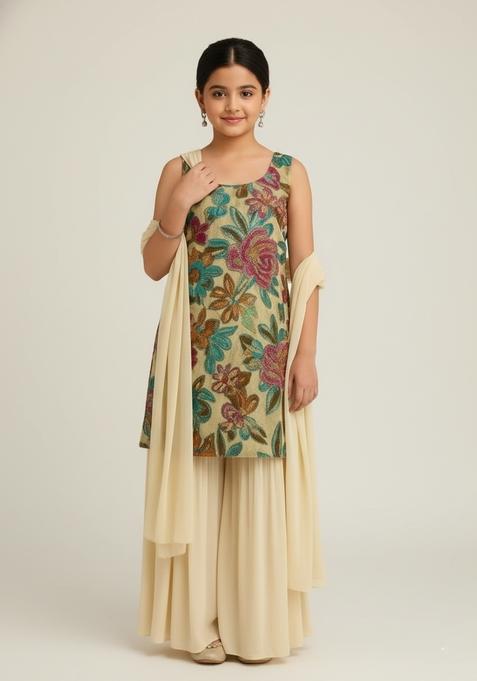 Girls Cream Embroidered Organza Sharara Set