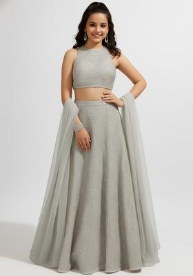 Girls Cream Embroidered Net Lehenga Set