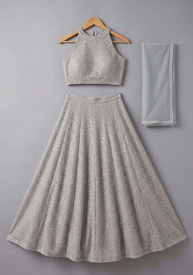 Girls Cream Embroidered Net Lehenga Set - Indya