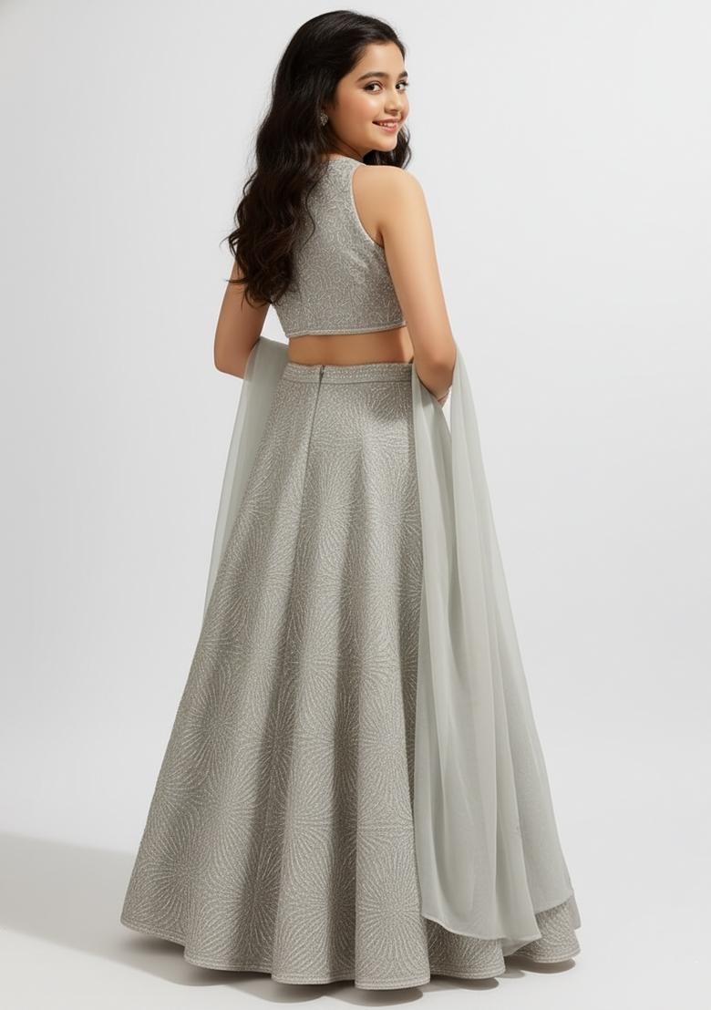 Girls Cream Embroidered Net Lehenga Set - Indya