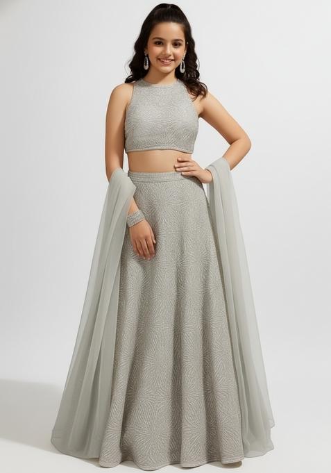 Girls Cream Embroidered Net Lehenga Set