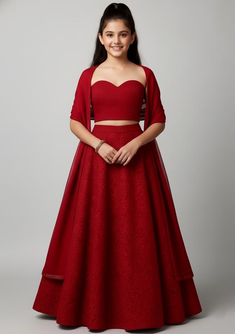 Girls Dark Maroon Embroidered Net Lehenga Set