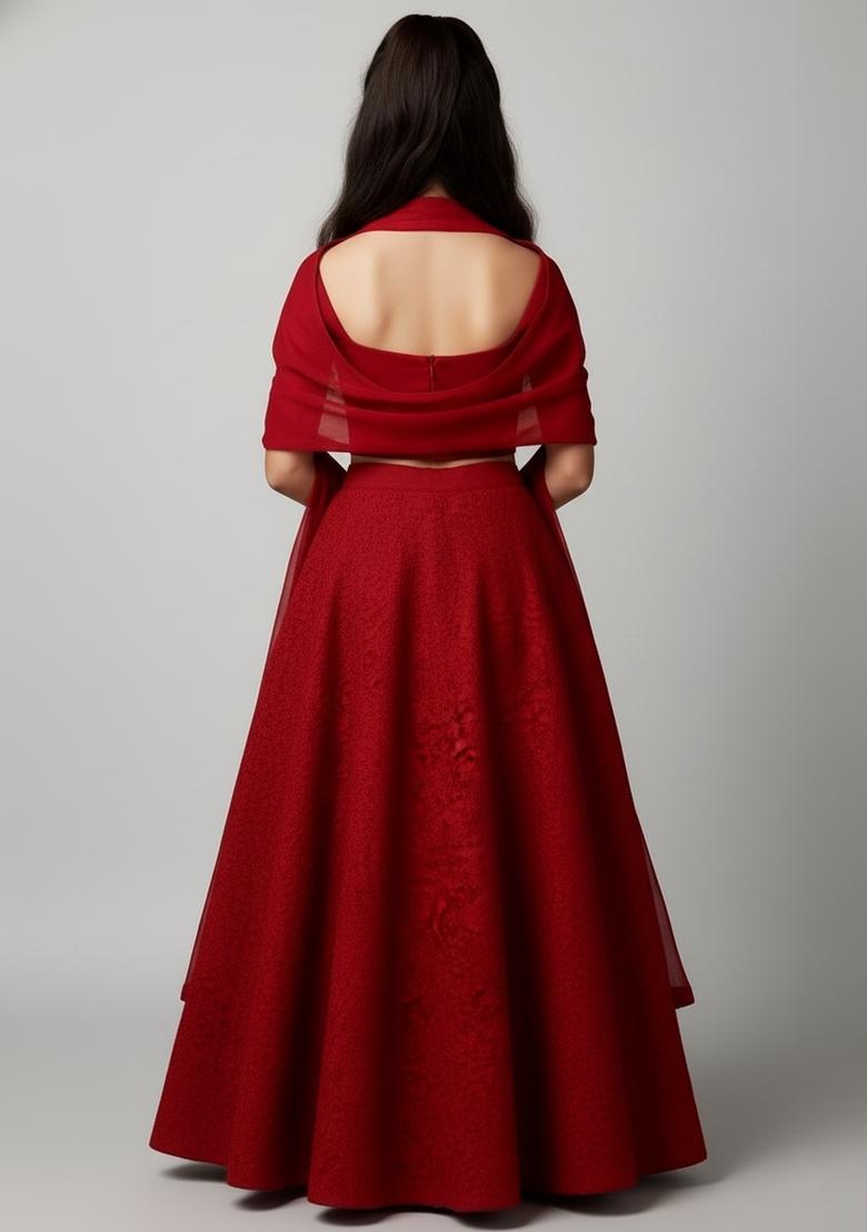 Girls Dark Maroon Embroidered Net Lehenga Set - Indya