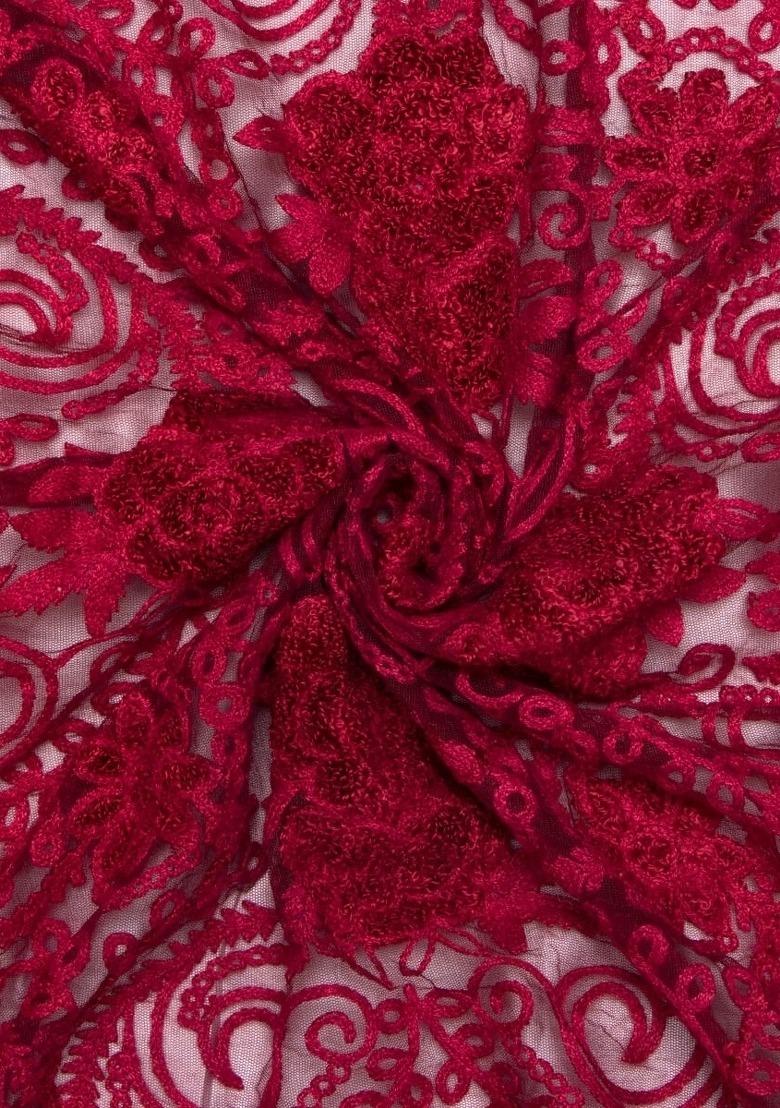 Girls Dark Maroon Embroidered Net Lehenga Set