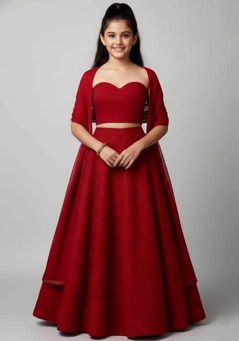 Girls Dark Maroon Embroidered Net Lehenga Set