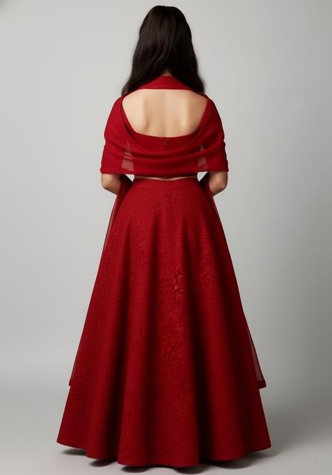 Girls Dark Maroon Embroidered Net Lehenga Set