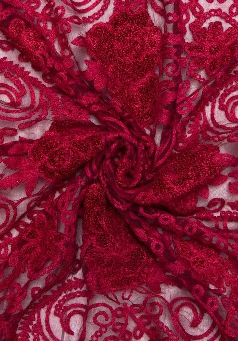 Girls Dark Maroon Embroidered Net Lehenga Set