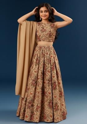 Girls Beige Printed Tussar Lehenga Set