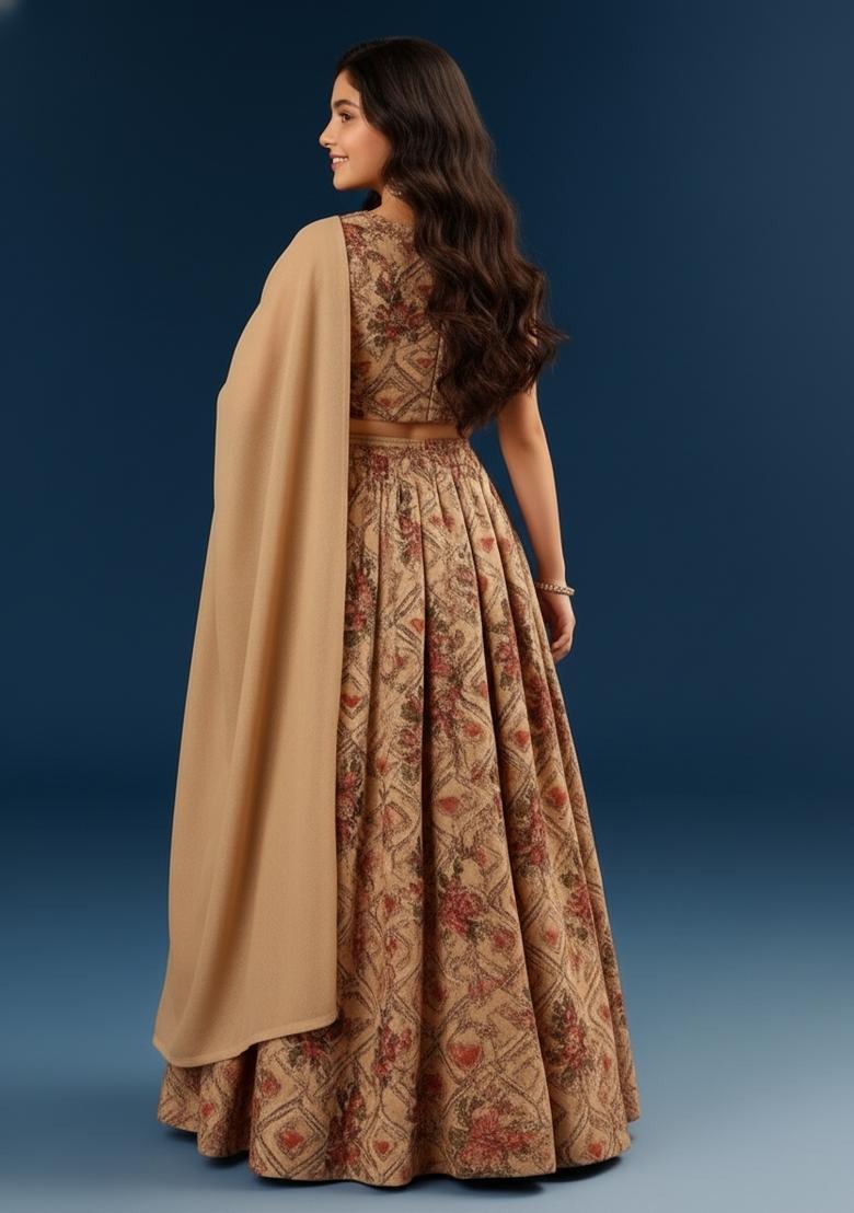 Girls Beige Printed Tussar Lehenga Set