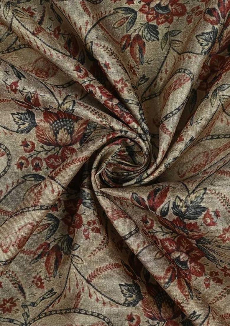 Girls Beige Printed Tussar Lehenga Set