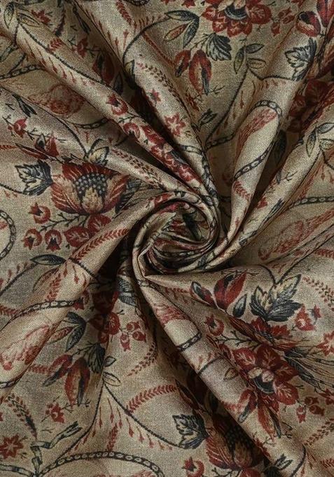 Girls Beige Printed Tussar Lehenga Set