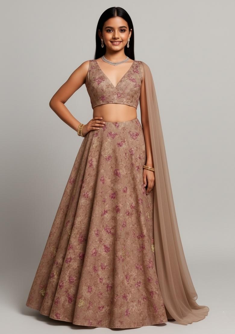 Girls Light Brown Sequin Embriodered Net Lehenga Set