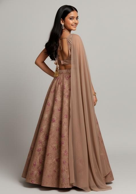 Girls Light Brown Sequin Embriodered Net Lehenga Set