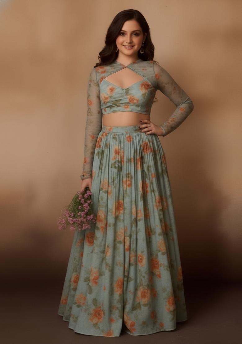 Girls Pista Green Printed Chiffon Lehenga Set