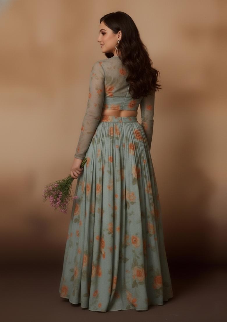 Girls Pista Green Printed Chiffon Lehenga Set - Indya