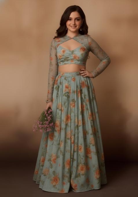 Girls Pista Green Printed Chiffon Lehenga Set