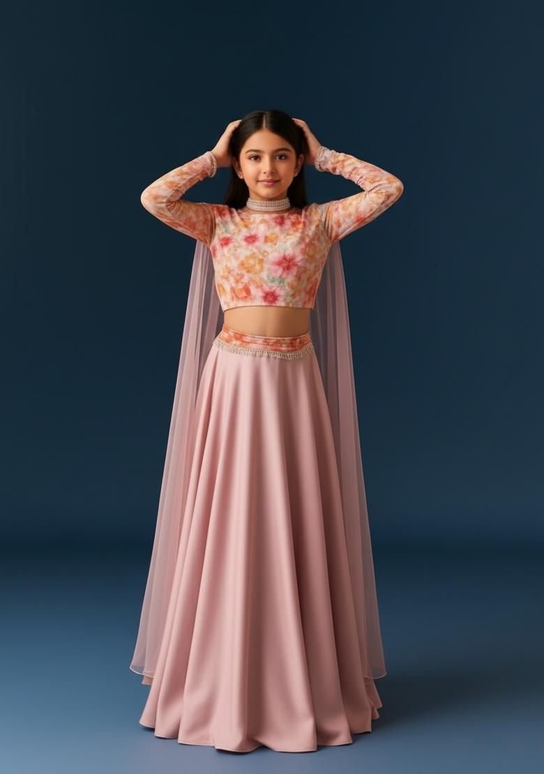 Girls Pink Printed Georgette Lehenga Set