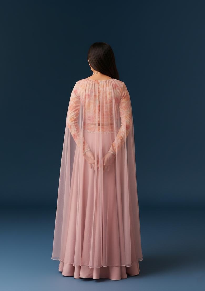 Girls Pink Printed Georgette Lehenga Set