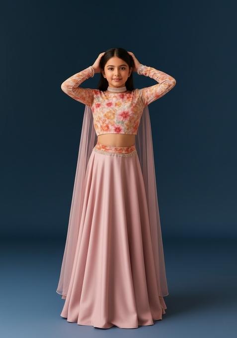 Girls Pink Printed Georgette Lehenga Set