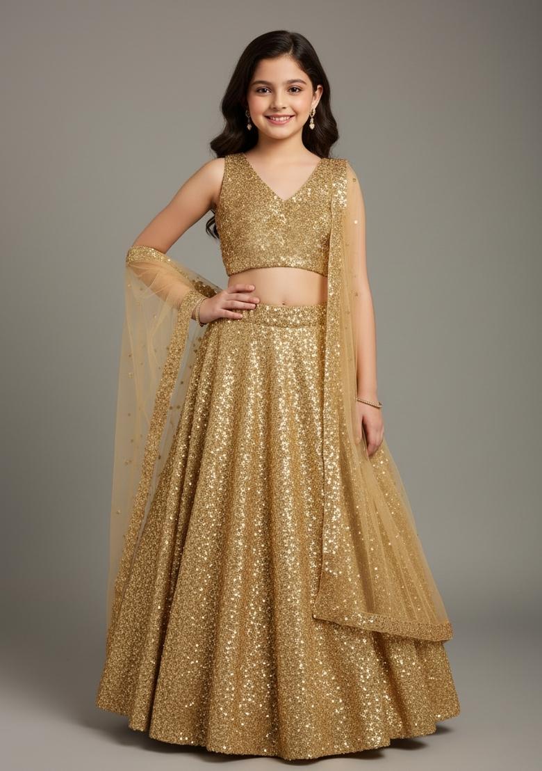 Girls Golden Sequin Net Lehenga Set