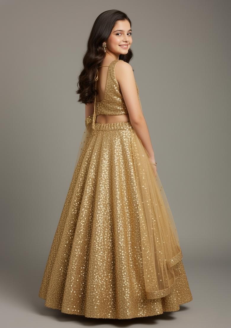 Girls Golden Sequin Net Lehenga Set
