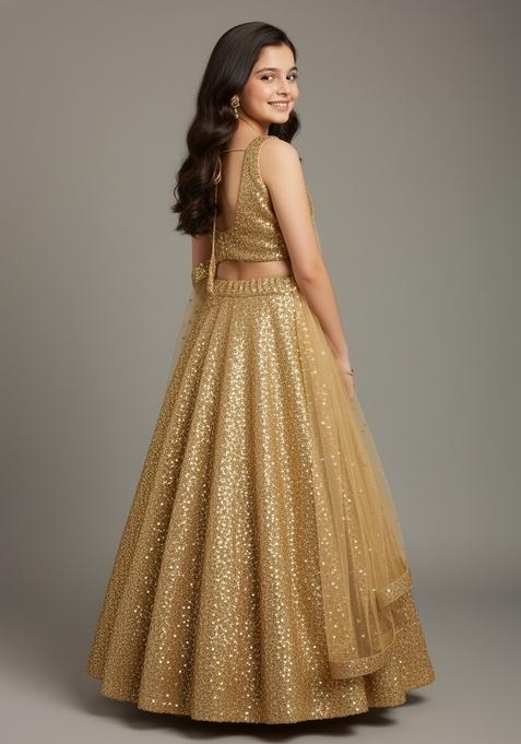 Girls Golden Sequin Net Lehenga Set