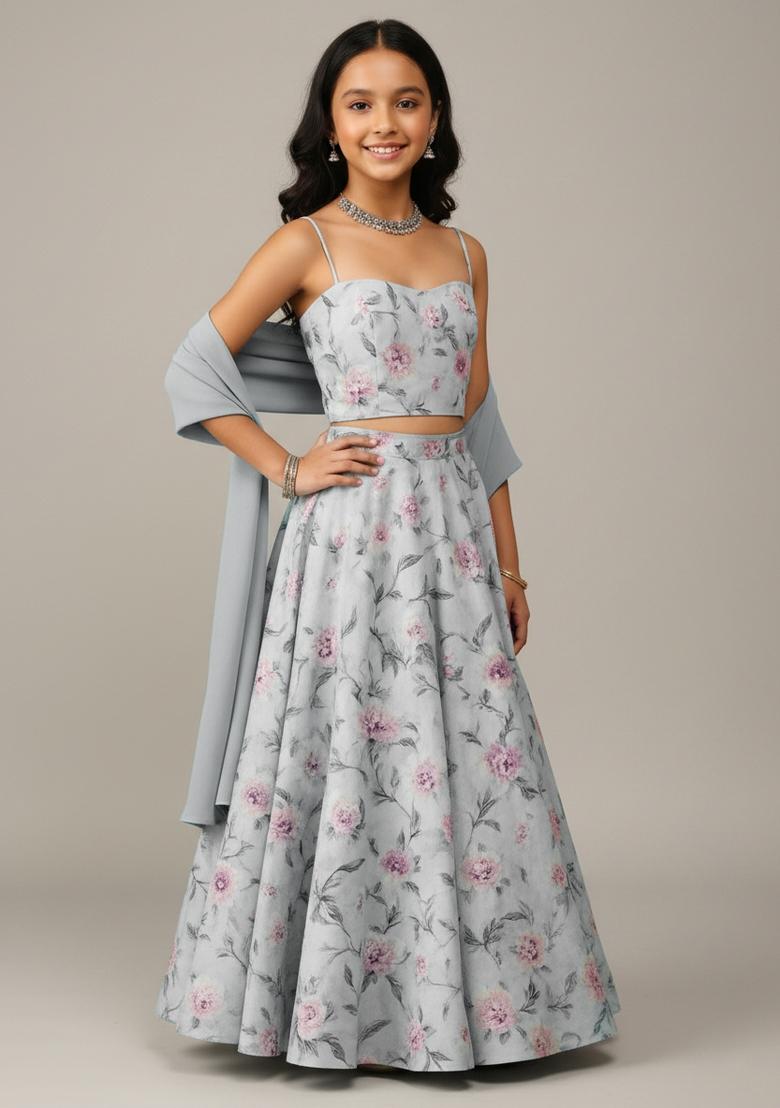 Girls Powder Blue Printed Crepe Lehenga Set