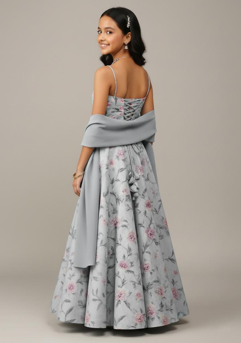 Girls Grey Printed Crepe Lehenga Set - Indya