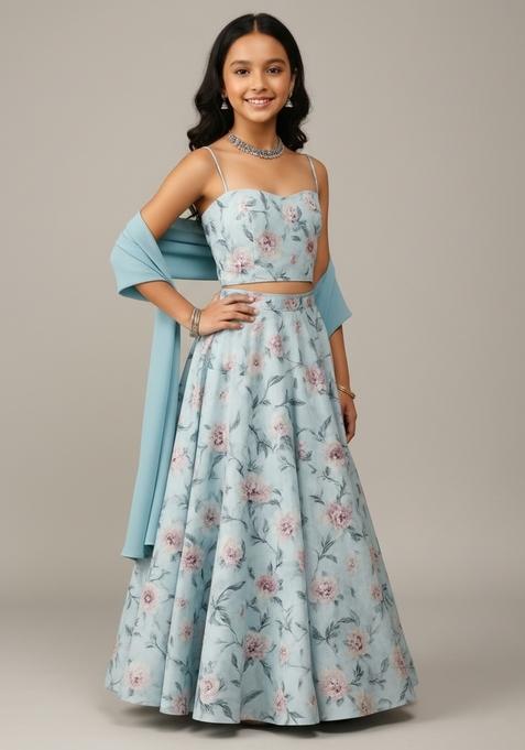 Girls Powder Blue Printed Crepe Lehenga Set