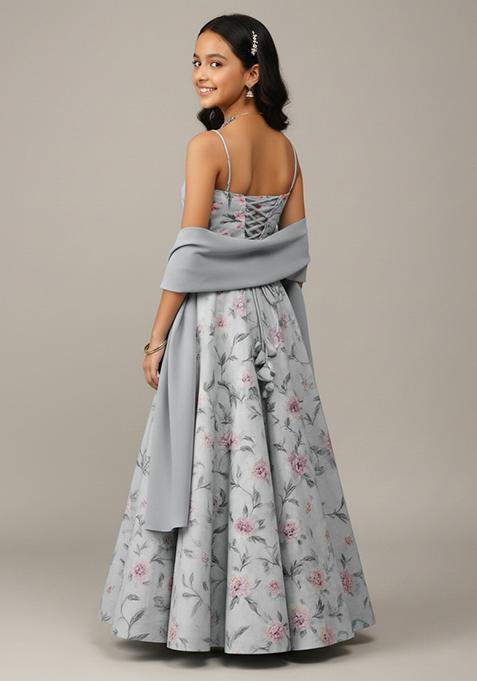 Girls Powder Blue Printed Crepe Lehenga Set