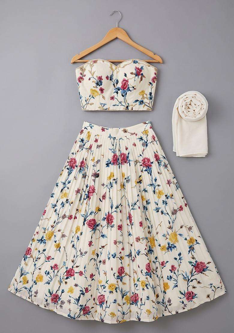 Girls Off White Printed Crepe Lehenga Set - Indya