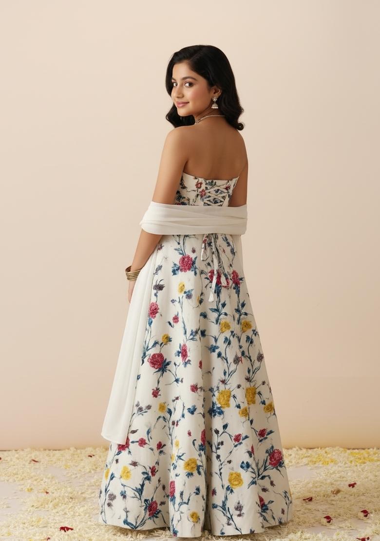 Girls Off White Printed Crepe Lehenga Set - Indya