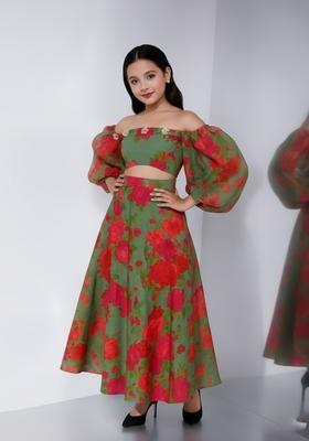 Girls Green And Pink Printed Cotton Co-Ord Set