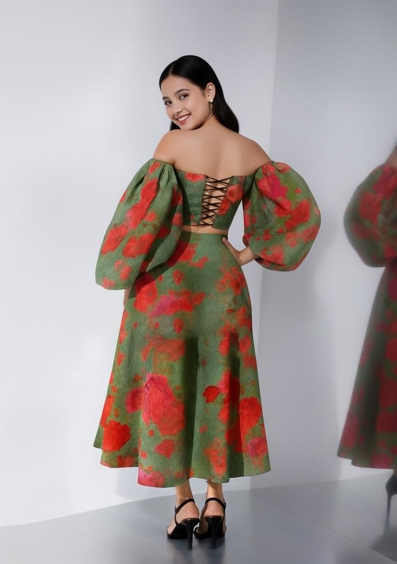 Girls Green And Pink Printed Cotton Co-Ord Set - Indya