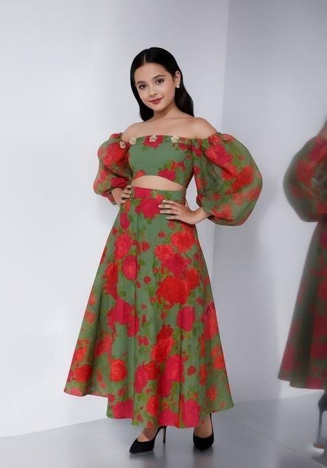 Girls Green And Pink Printed Cotton Co-Ord Set