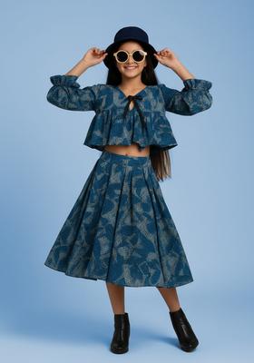 Girls Blue Printed Cotton Co-Ord Set