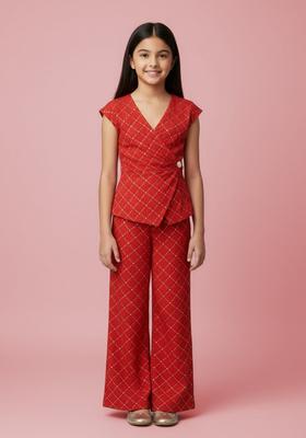 Girls Red Embroidered Brocade Co-Ord Set