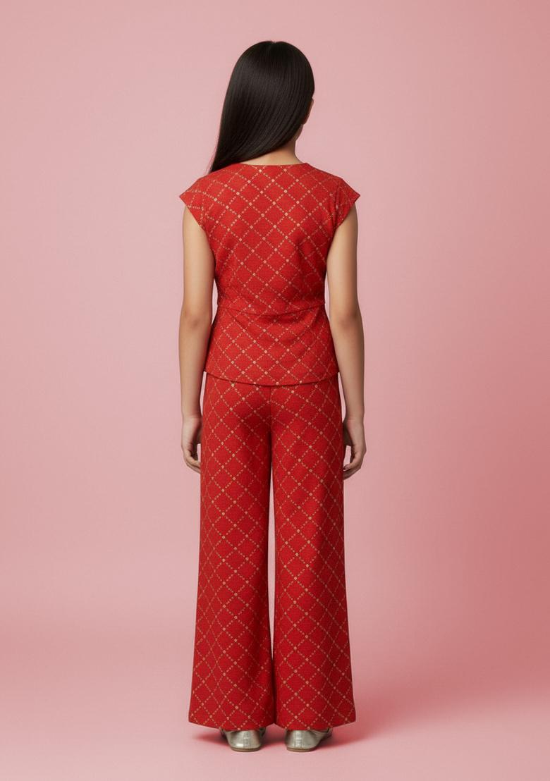 Girls Red Embroidered Brocade Co-Ord Set - Indya