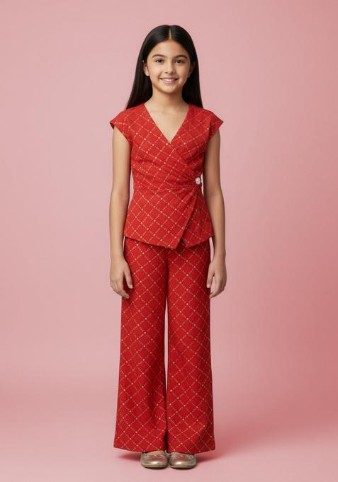 Girls Red Embroidered Brocade Co-Ord Set