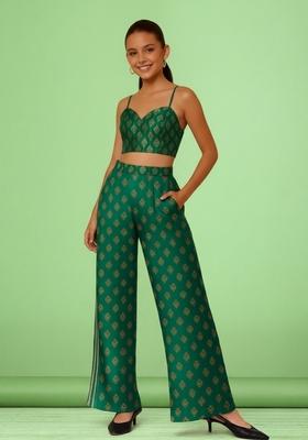 Girls Green Embroidered Brocade Co-Ord Set
