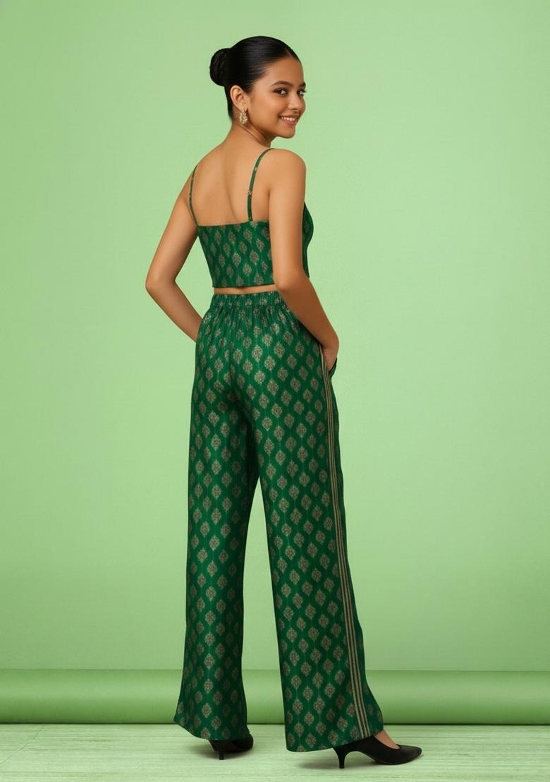 Girls Green Embroidered Brocade Co-Ord Set - Indya