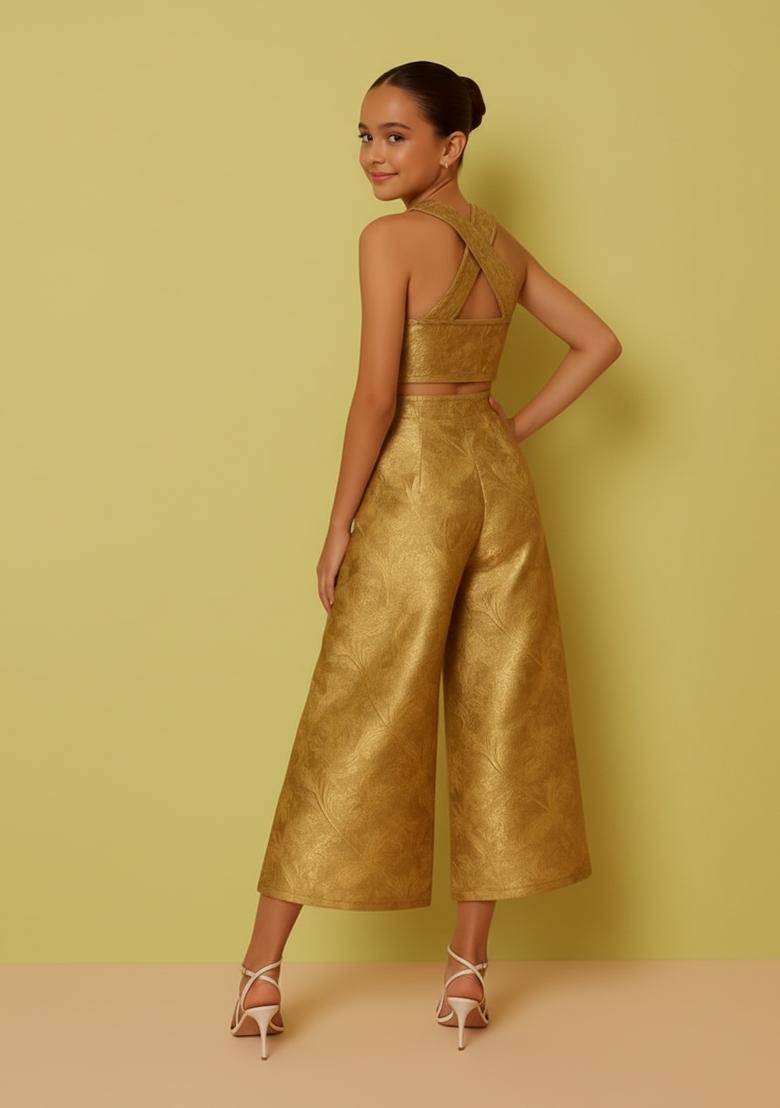 Girls Golden Embroidered Brocade Co-Ord Set - Indya