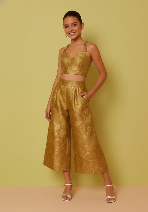 Girls Golden Embroidered Brocade Co-Ord Set