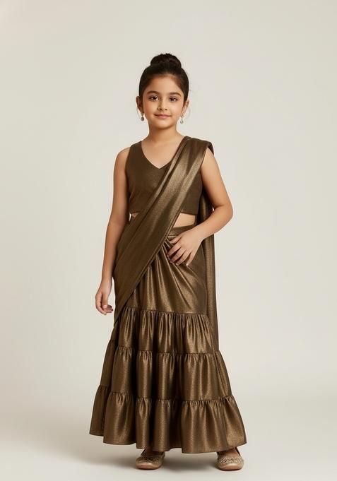 Girls Brown Solid Tissue Pre Draped Saree Set