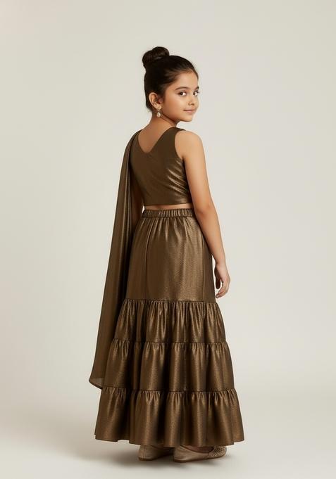 Girls Brown Solid Tissue Pre Draped Saree Set