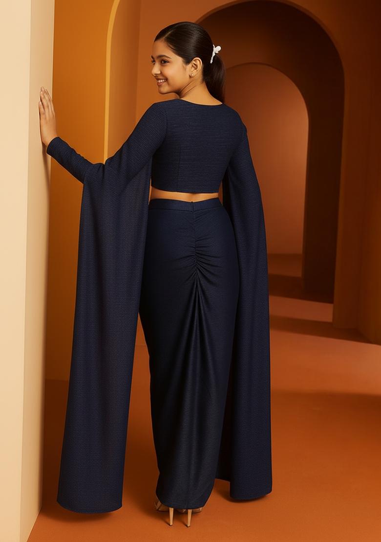 Girls Blue Sequin Work Pleated Knitted Fusion Set - Indya