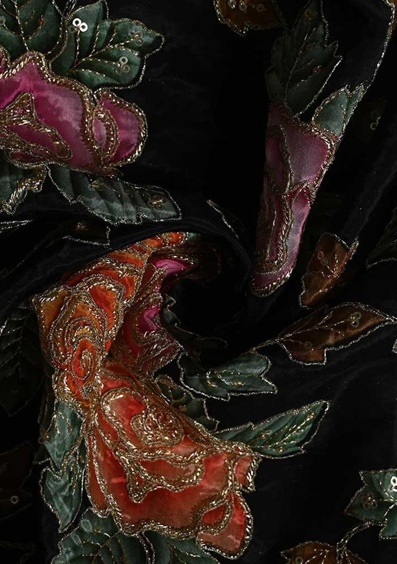 Girls Black Embroidered Tissue Fusion Set - Indya