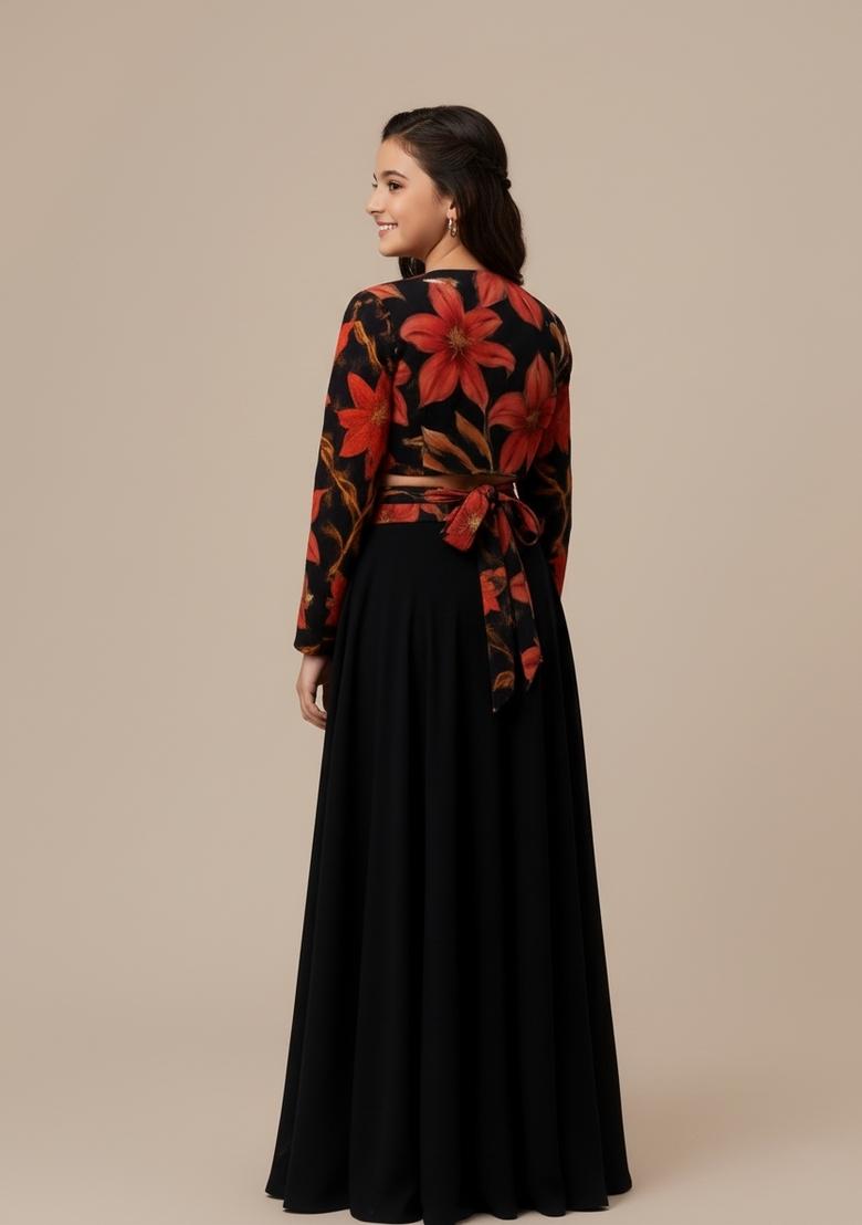 Girls Black Printed Crepe Fusion Set - Indya