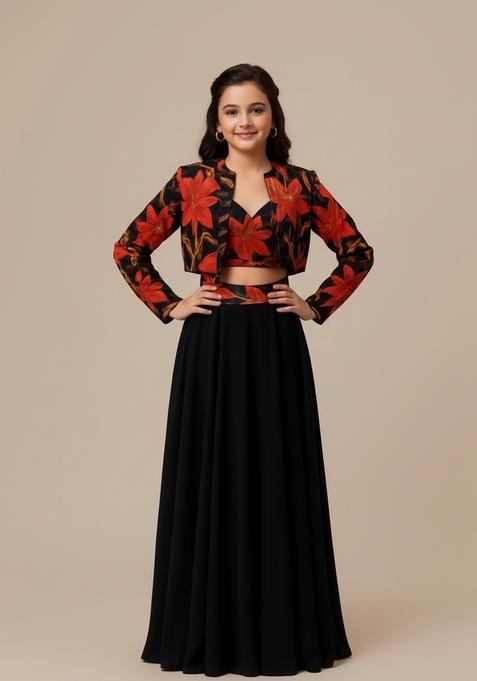 Girls Black Printed Crepe Fusion Set